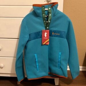 Cotopaxi Teal Fleece Jacket with Orange Trim